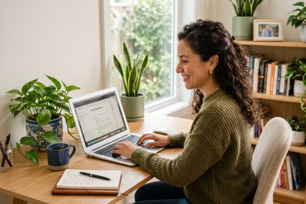 Mujer hispana trabajando en su computadora con plantas de interior para tu escritorio alrededor que aportan luz y vida